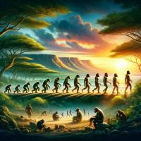 Image depicting the origin of humans, blending elements of evolution and the dawn of humanity