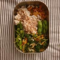 Rice with Vegetable Edamame, Pickled Vegetables, and Kimchi