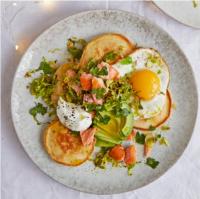 Breakfast: Scotch cakes with hot-smoked salmon, crispy sprouts, avocado and egg