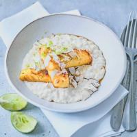 Chilled coconut & lime rice pudding with caramelised pineapple