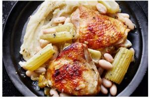 Roast chicken with celery & beans