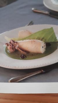 Calamari ripieni di ricotta e olive, crema di lattuga allo zenzero
