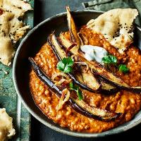 Spicy tarka daal with roasted aubergine