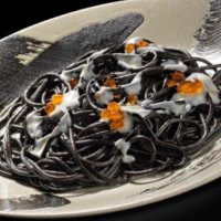 Gualtiero Marchesi: Spaghetti with Cuttlefish Ink, Yogurt Sauce and Salmon Eggs