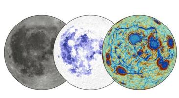 The seas near the lunar side are titanium-rich volcanic flows (center). They are surrounded by a pat
