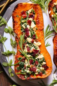 Stuffed Butternut Squash with Feta Cheese, Spinach, and Bacon.