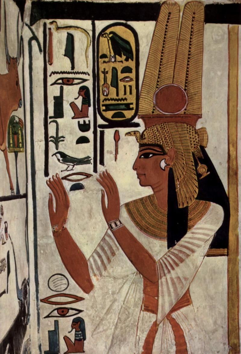 Portrait of the queen Nefertari: she looks beutiful, tall, thin with long black hair