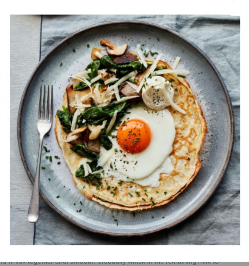 Breakfast: Spinach, wild mushroom and gruyere pancakes