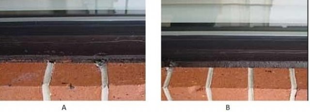 Fig.3: (A) Deteriorated Sealant Between Brick Masonry and Framing Wind, (B) New Sealant Installed