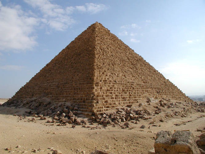 The Pyramid of Menkaure is the smallest of the three at Giza. It was originally 103.4 m square and 6