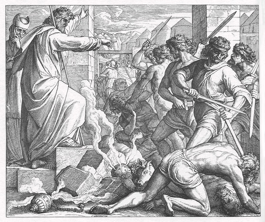 Moses orders the Levites to punish the idolatry of the Israelites, in an engraving by Julius Schnorr