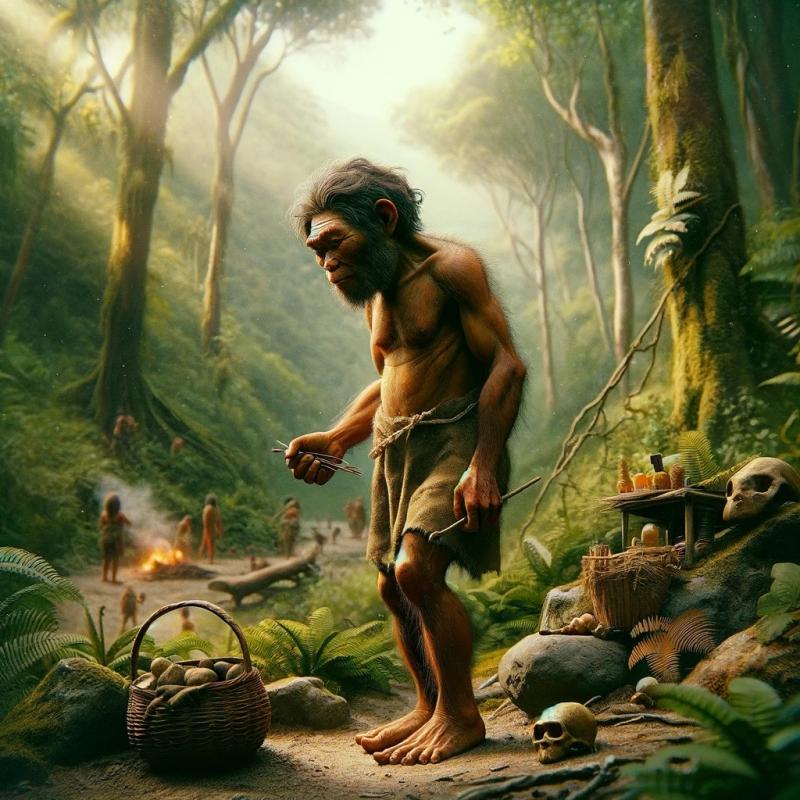 Artistic representation of Homo Floresiensis, often referred to as the 'Hobbit', in its natural habi