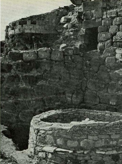 A corner of the recently unearthed su Nuraxi nuraghe. with angular and three-story towers still reta