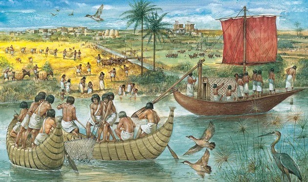 Ancient egyptian boats crossing the Nile's river