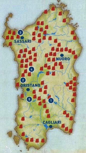 In Sardinia there are more than 8000 nuragic buildings, concentrated mainly in a few areas (red symb