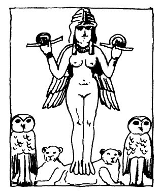 Lilith/Eve, shown in Gothic head-dress subduing the lions - symbolic of the indigenous tribes, j