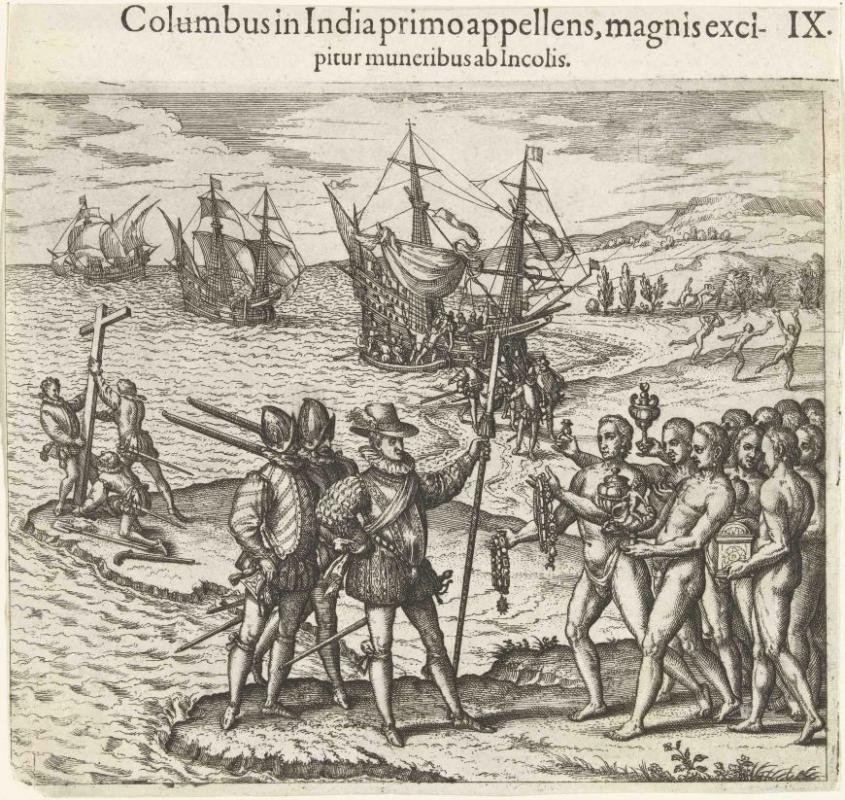 Christopher Columbus arrives in America. Engraving by Theodore de Bry (1594)