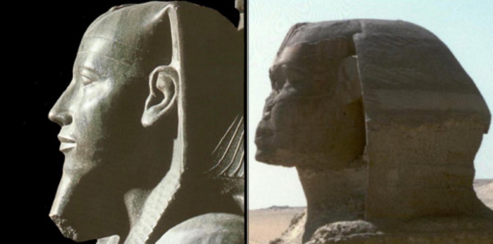 Figure 2: profiles of the head of the statue of Khafra (left) and that of the head of the Sphinx (ri