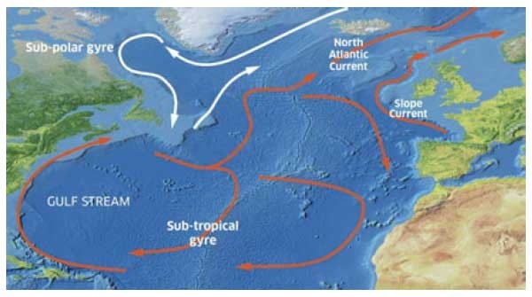 The warm North Atlantic Current, an offshoot of the Gulf Stream, would surround all of Rockall's sub