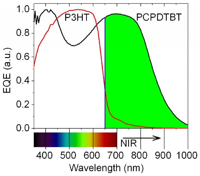 Fig. 2. Normalized EQE measurements of diodes with P3HT or PCPDTBT as light absorbing material in th
