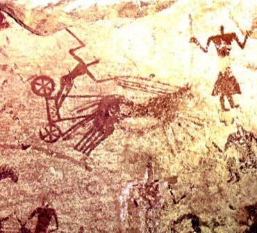 A war or hunting chariot, from the Jabbaren cave paintings, in the Tassili massif, between Algeria a