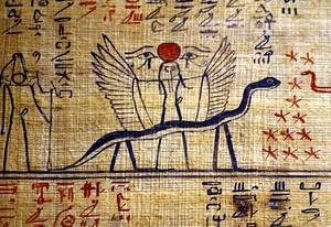 The Winged serpent represented on a Egyptian papyrus at the Louver museum in Paris