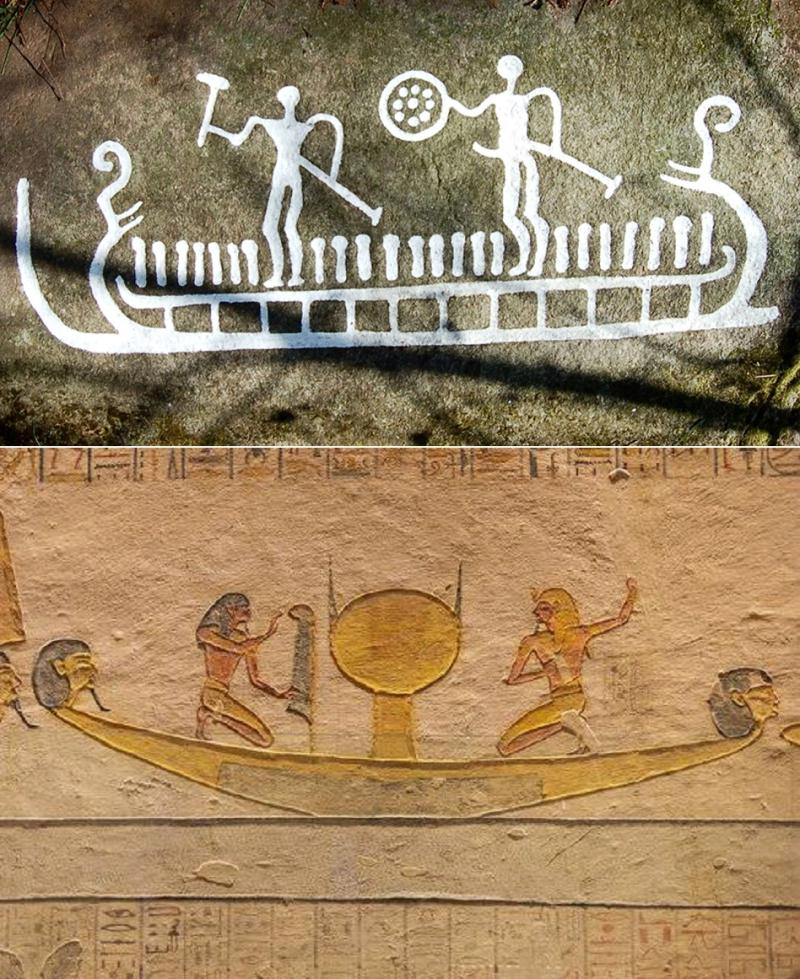 Two examples of solar boats: above, a rock painting dated to the Bronze Age and from Svenneby, near 