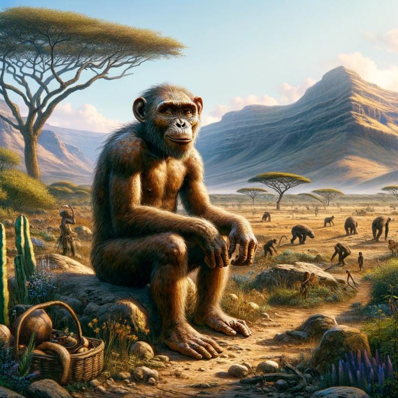 Artistic representation of the first ever hominid in its natural environment, Africa.
