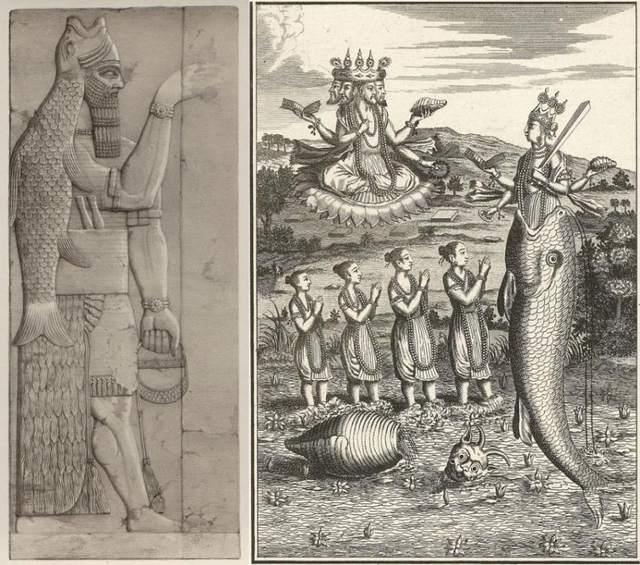 Representations of a Sumerian apkallu (left) and of Matsya, the first avatar of Vishnu (right).