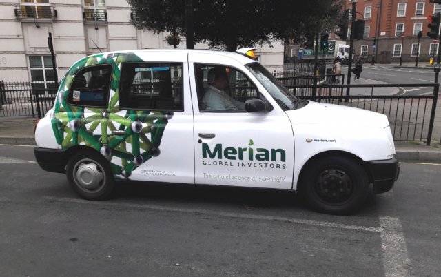 Advertising on taxis in London: Merian global investors.