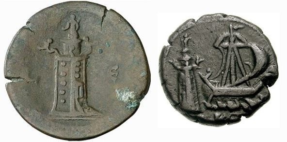 The Lighthouse on coins minted in Alexandria in the second century (1: reverse of a coin of Antoninu