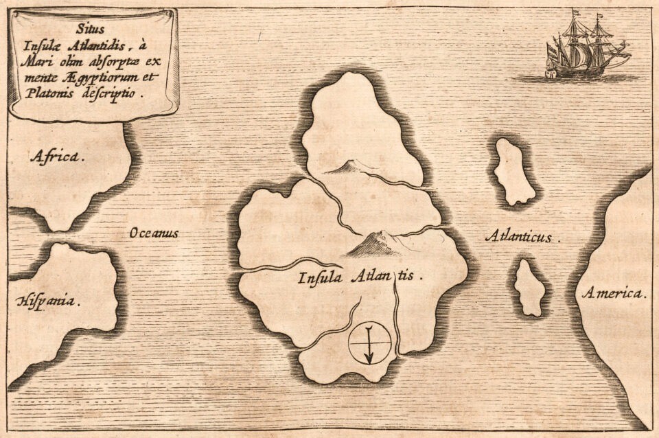The map of Atlantis reported by Atanasius Kircher in his Mundus Subterraneus (1664).