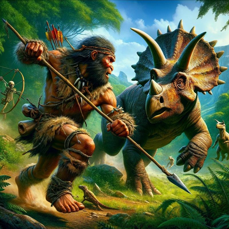 A Neanderthal man hunting a Triceratops