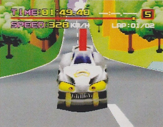 Motor Toon GP is a bizarre car racing game that makes extensive use of polygons and Gouraud shadows,