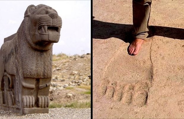 The temple of Ain Dara. On the left: statue depicting a lion. On the right: large footprints etched 