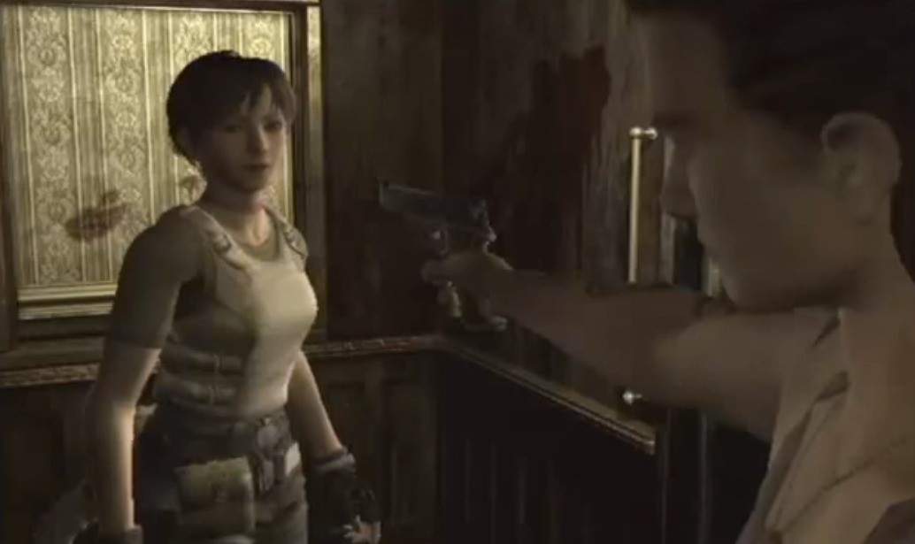 Resident Evil 0 (GameCube): Rebecca meets Billy. Billy pulls a gun on her.