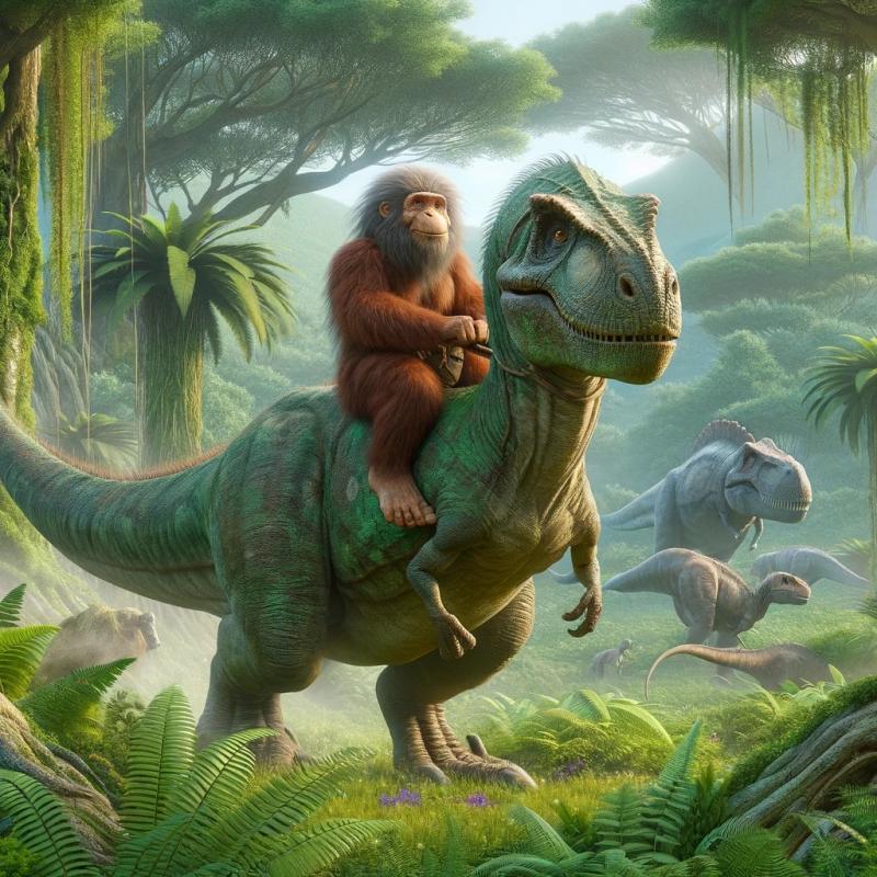 A primitive human, appearing as an early hominin, riding on top of a dinosaur, set in a lush, prehis