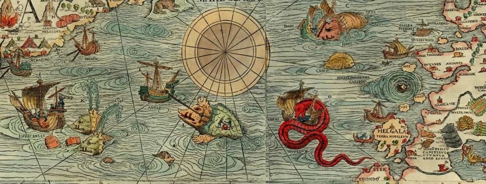 Detail of the “Carta Marina” by Olaus Magnus (1539). Off the coast of Norway is depicted a whirlpool