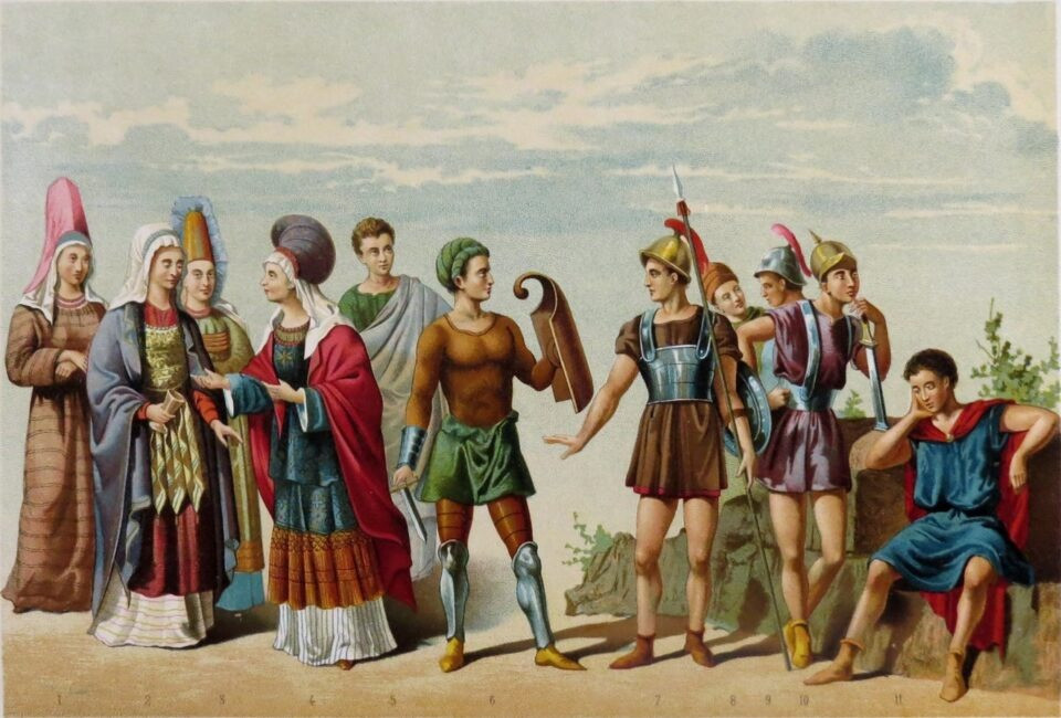 Inhabitants of pre-Roman Spain in an illustration from the book Historia General de España by Modest