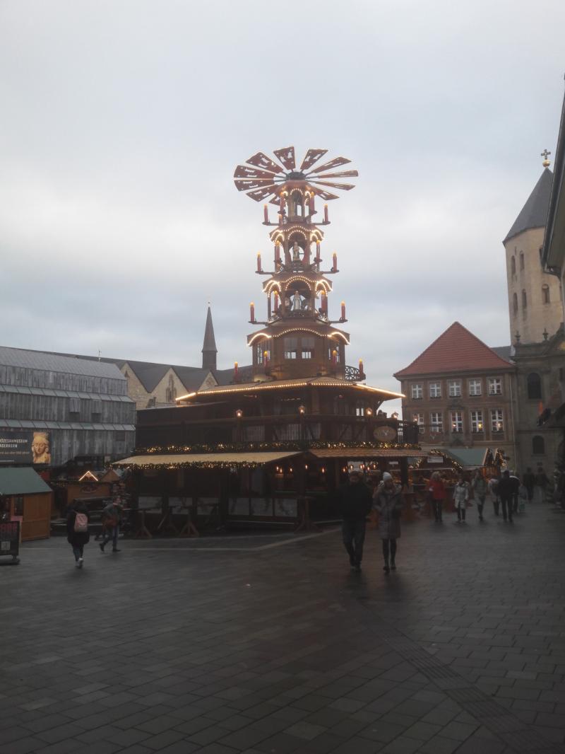Christmas pyramid (Weihnachtspyramide) in the central square of Paderborn, in front of the cathedral
