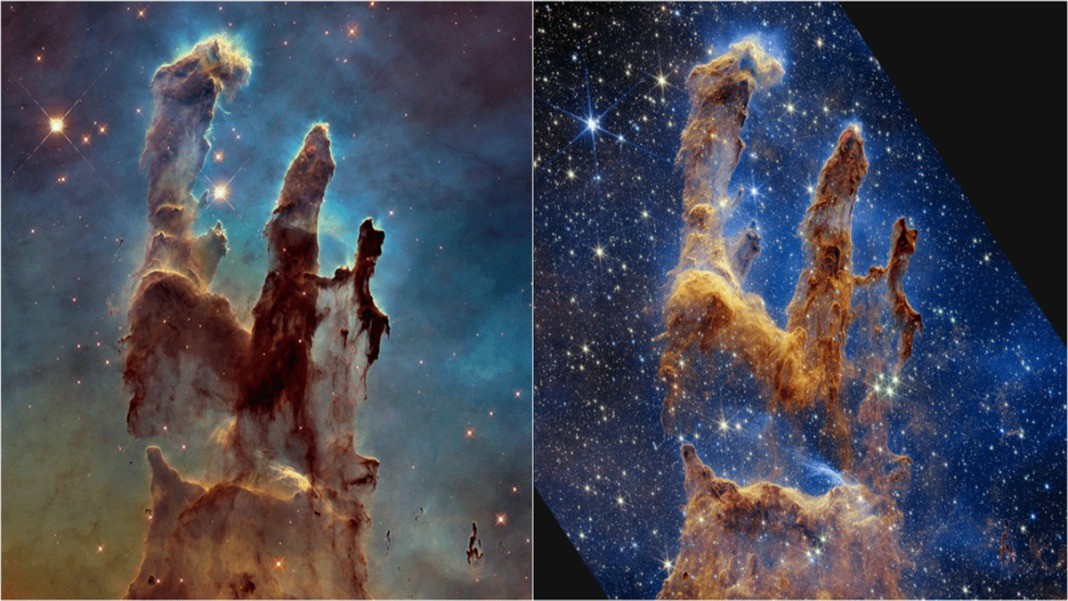 The left picture was acquired in 1995 by the Hubble space telescope, the right picture has been acqu