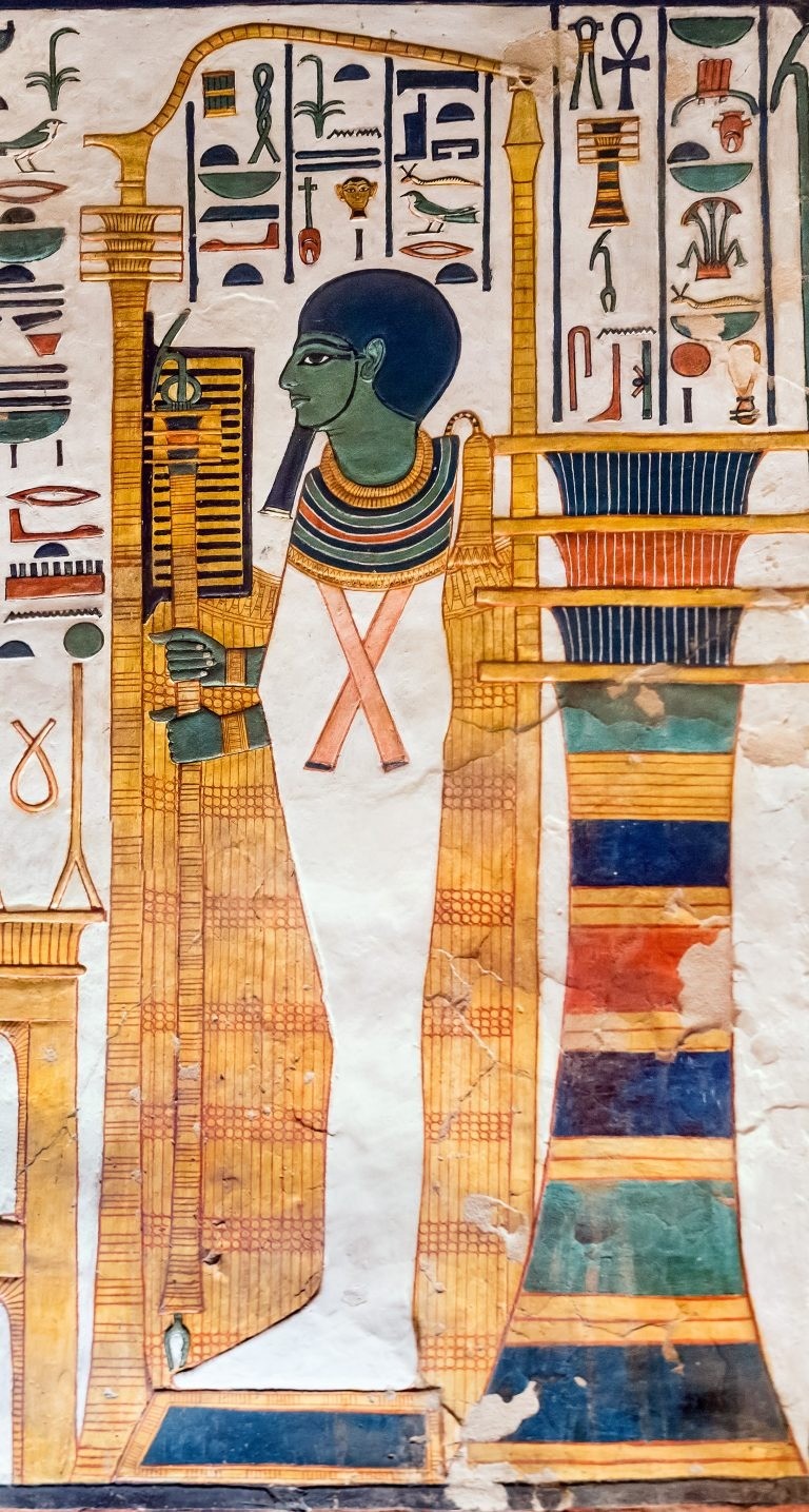 The god Ptah (Hephaestus for the Greeks) depicted in the tomb of Nefertari, dating back to the 19th 
