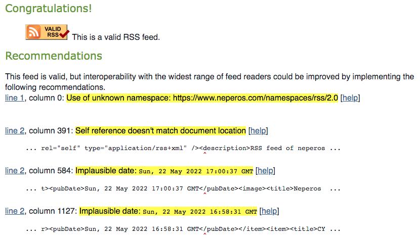 Warnings of the Neperos RSS Feed after validating it at https://validator.w3.org/