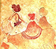 Group of women, with extremely modern hairstyles, riding cattle. 1500 BC From the cave paintings of 