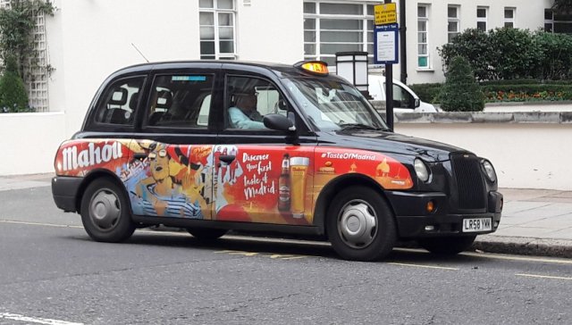 Advertising on taxis in London: Mahou #TasteOfMadrid.