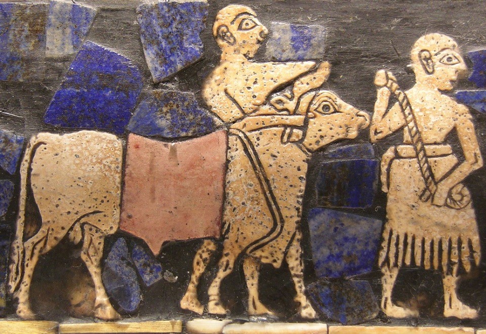 A bull depicted on the Standard of Ur (c. 2600 BC). The Sumerian word for bull , gud, is very simila