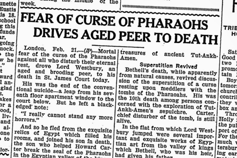 Article from newspaper: Fear of curse of Pharaohs drives aged peer to death