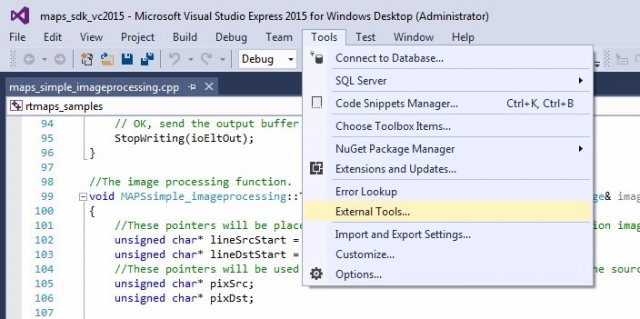Figure 2: Start Microsoft Visual C++ Express 2015 and select menu Tools then External Tools…