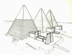 Fig.8: Drawing reconstruction of three pyramids of the royal cemetery of Meroe (after Hinkel)