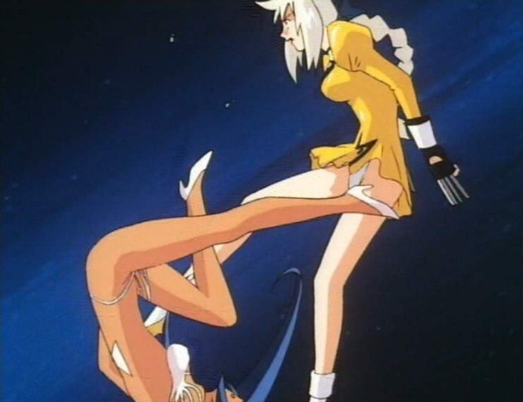 The final fight between a transformed Aika and a golden Delmo.